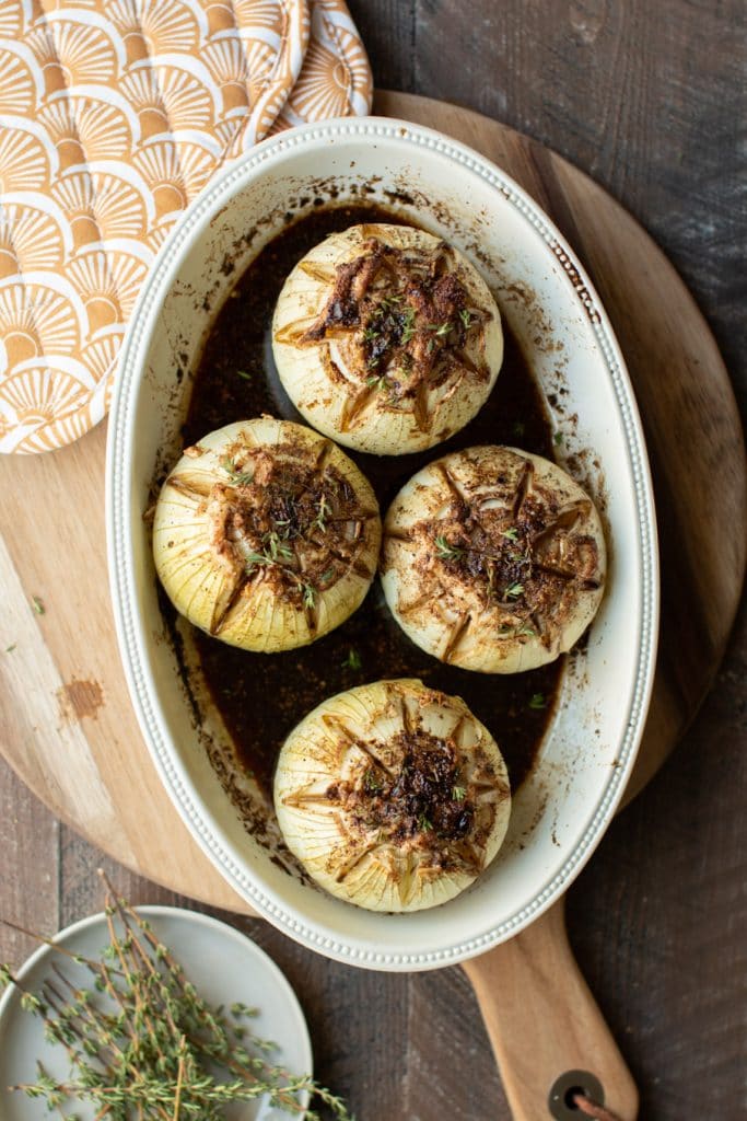 baked onions in baking dish