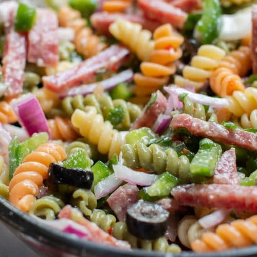 close up of deli pasta salad