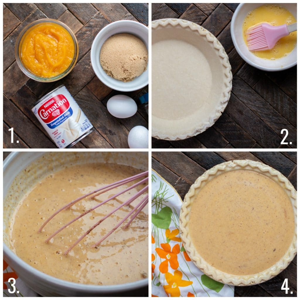 4 photo collage of how to make a homemade pumpkin pie