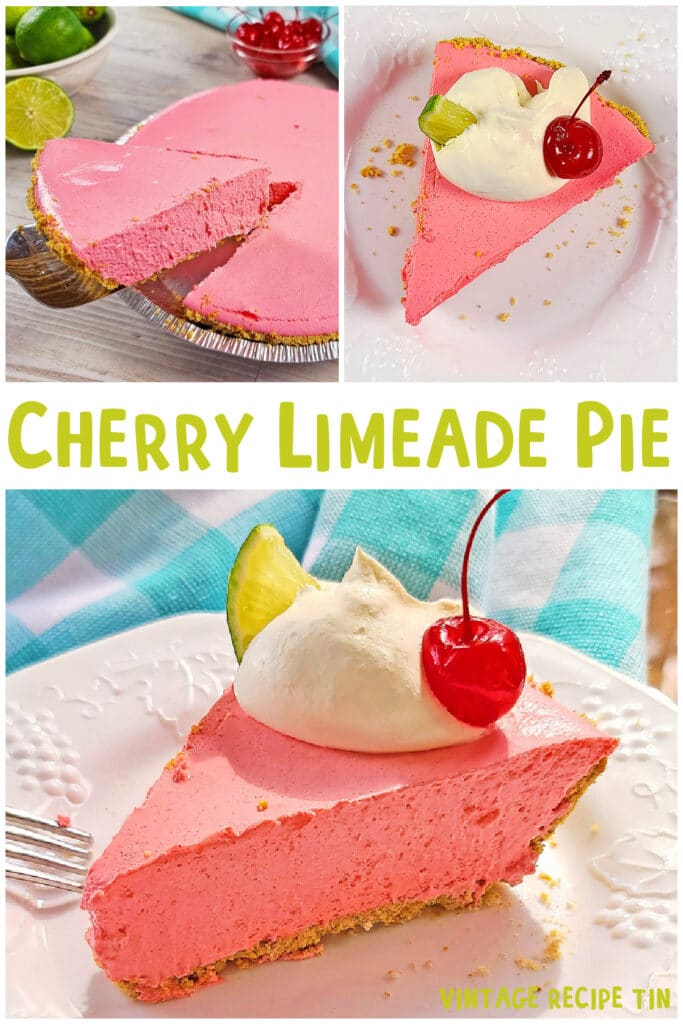collage of cherry limeade pie with text overlay for pinterest