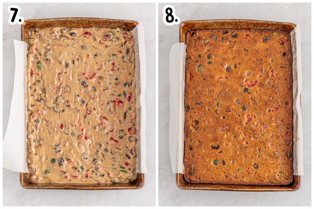 2 images of fruit cake in 9x13 pan before and after baking